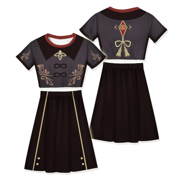 Women Genshin Impact Hutao Cosplay 2 Pieces Outfits Short Sleeves Crop Top + A Line Skirt Sets Supply