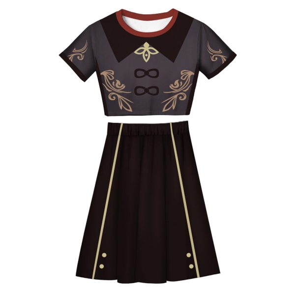 Women Genshin Impact Hutao Cosplay 2 Pieces Outfits Short Sleeves Crop Top + A Line Skirt Sets Supply - Image 2