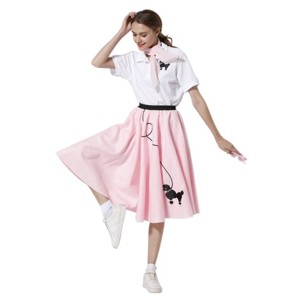 Women 1950s Skirt Poodle Printed Shirt Pink Dress with Musical Note Scarf Hot on Sale - Image 3