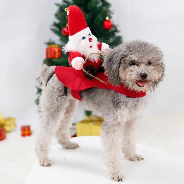 Funny Cute Pet Costume Santa Riding Cat Dog Outfits Christmas Party Clothes Fancy New Year Clothes Online Sale - Image 2