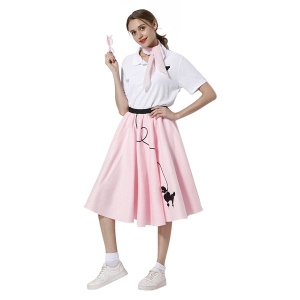 Women 1950s Skirt Poodle Printed Shirt Pink Dress with Musical Note Scarf Hot on Sale - Image 4