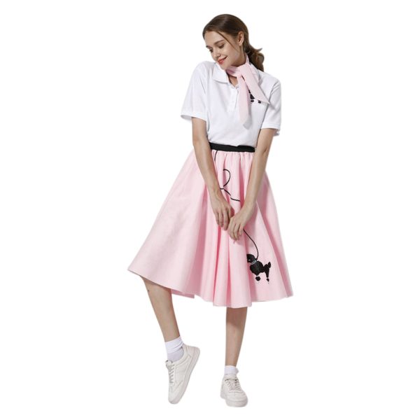 Women 1950s Skirt Poodle Printed Shirt Pink Dress with Musical Note Scarf Hot on Sale - Image 2