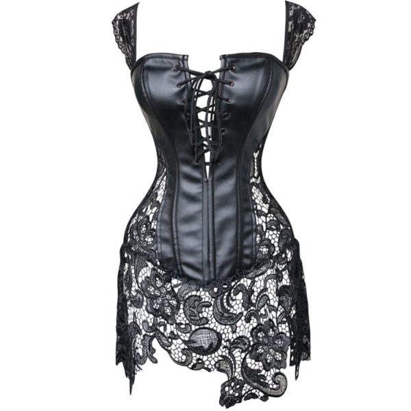 Women s Steampunk Gothic Faux Leather Bustier Corset with Lace Skirt Online Sale