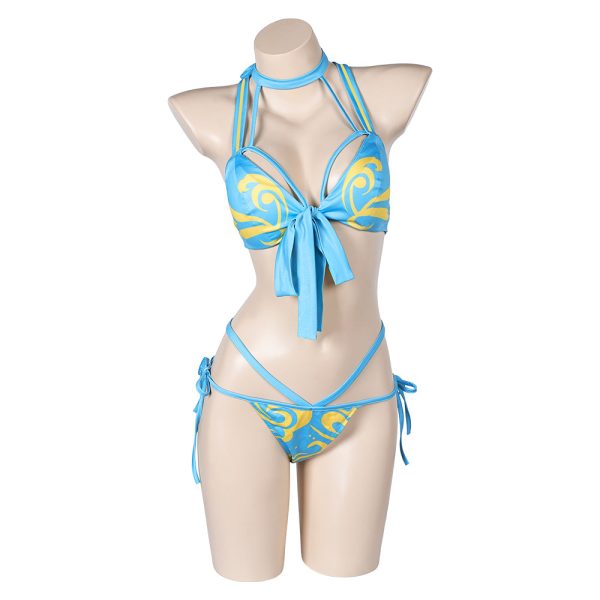 Street Fighter Chun Li Women Blue Printed Sexy Bikini 2 Piece Set Swimsuit Cosplay Costume Outfits Halloween Carnival Suit on Sale