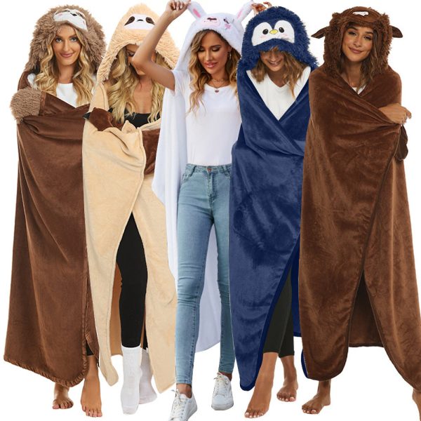 Christmas Animal Winter Hooded Poncho Sloth Penguin Yak Panda Cartoon Embroidery Double Sided Flannel Blanket Supply