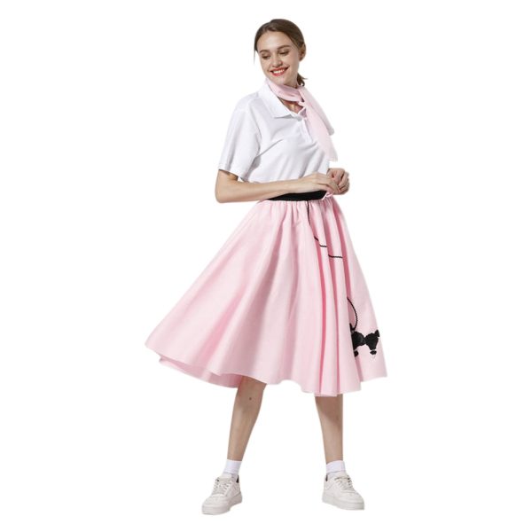 Women 1950s Skirt Poodle Printed Shirt Pink Dress with Musical Note Scarf Hot on Sale